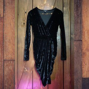 Black Velvet Wrap V-Neck Bodycon Dress S